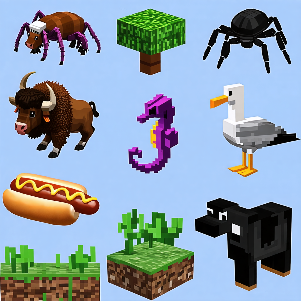 hot dog, buffalo, seagull, tarantula, seahorse, minecraft, cow, turnip